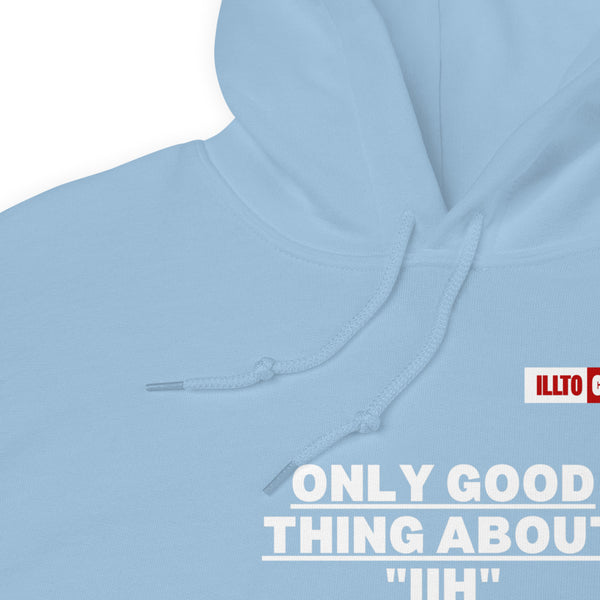 Light Blue Hoodie Detail 1 - ILLTOCHILL Idiopathic intracranial hypertension awareness 'Only good thing about IIH' gift Unisex Hoodie.