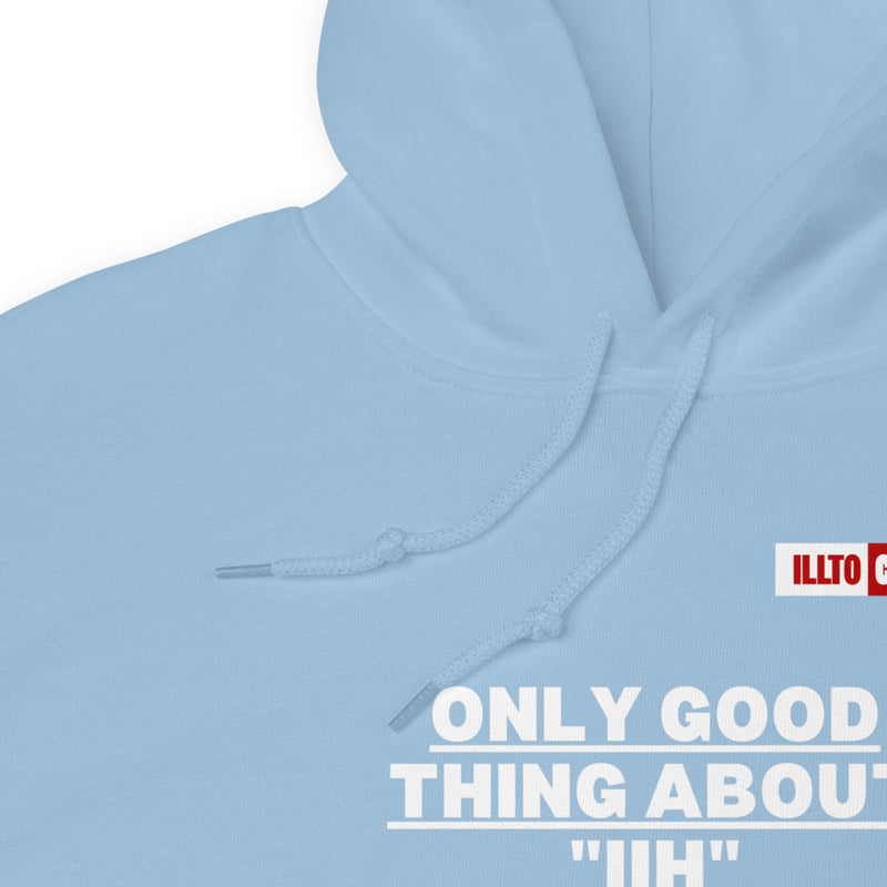 Light Blue Hoodie Detail 1 - ILLTOCHILL Idiopathic intracranial hypertension awareness 'Only good thing about IIH' gift Unisex Hoodie.