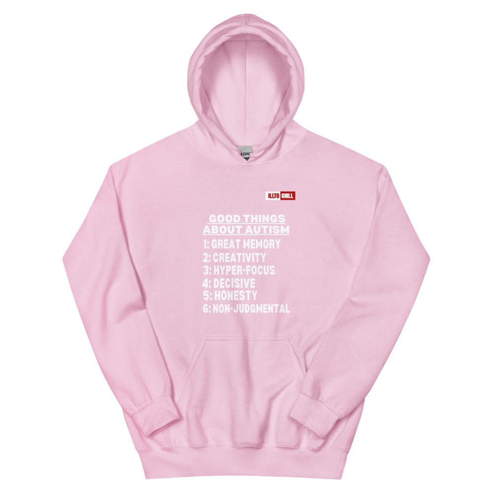 Light Pink Hoodie Front 1 - ILLTOCHILL Autism awareness 'Good things about autism list' Autistic support gift Unisex Hoodie