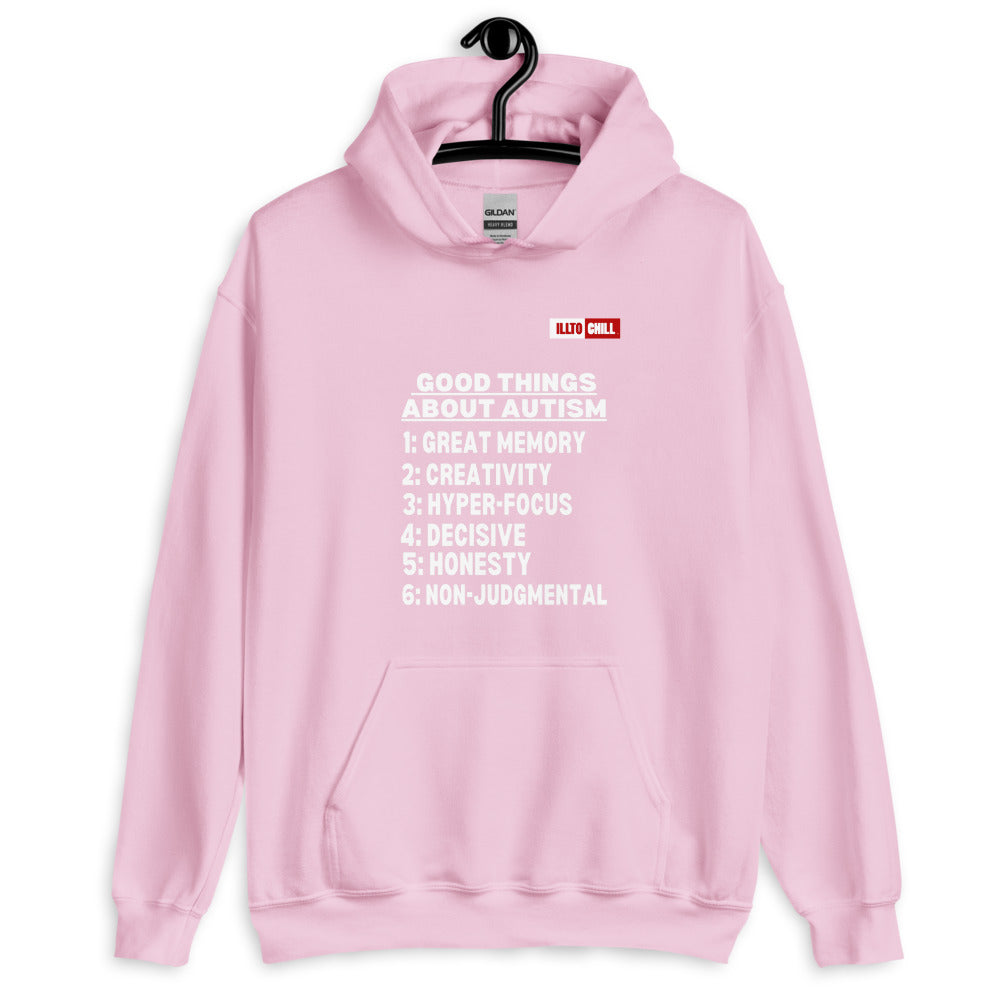 Light Pink Hoodie Front 2 - ILLTOCHILL Autism awareness 'Good things about autism list' Autistic support gift Unisex Hoodie