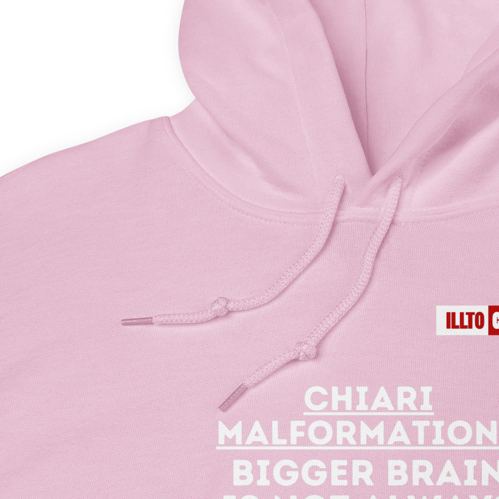 Light Pink Hoodie Detail 1 - ILLTOCHILL CM Chiari Malformation 'Bigger brain Bigger problem' Gift Unisex Hoodie.