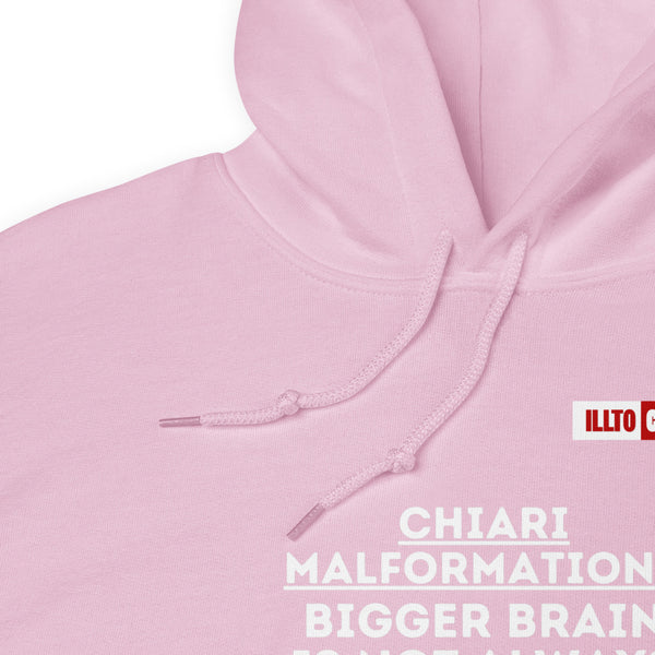 Light Pink Hoodie Detail 1 - ILLTOCHILL CM Chiari Malformation 'Bigger brain Bigger problem' Gift Unisex Hoodie.