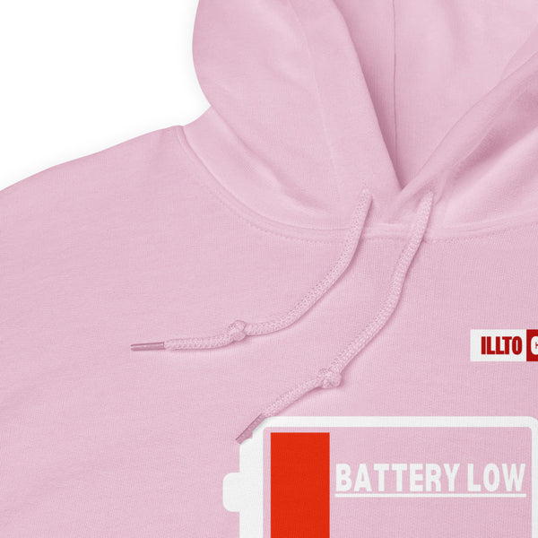 Light Pink Hoodie Detail 1 - ILLTOCHILL Fibromyalgia awareness 'Battery Low' funny fibro gift Unisex Hoodie.