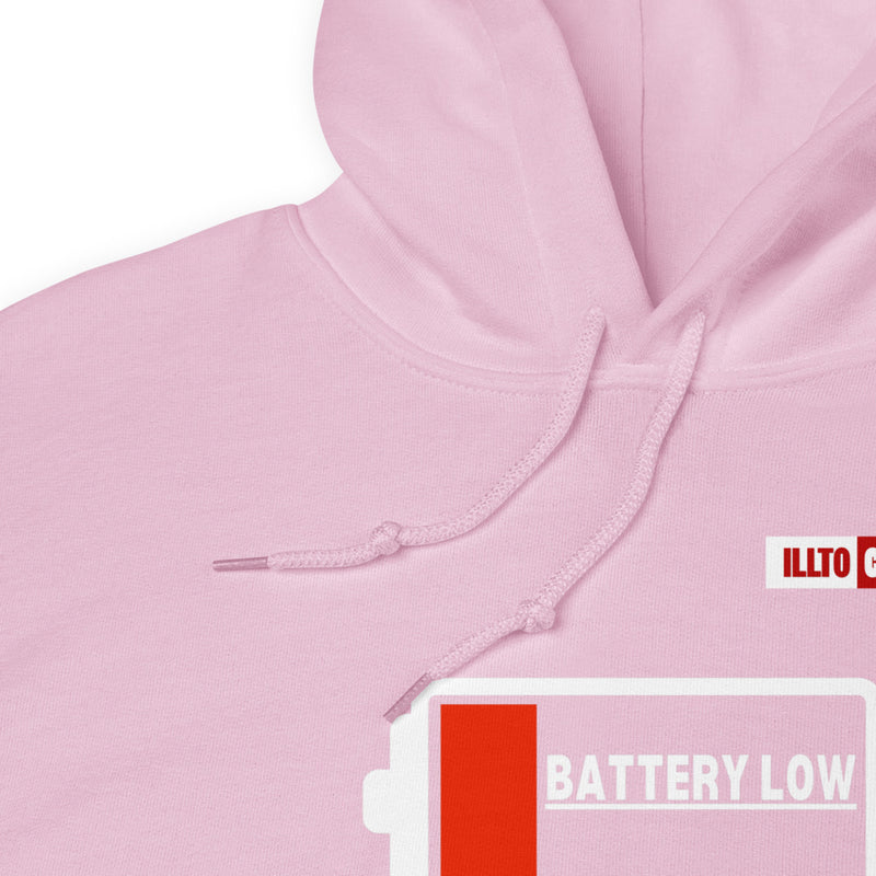 Light Pink Hoodie Detail 1 - ILLTOCHILL Fibromyalgia awareness 'Battery Low' funny fibro gift Unisex Hoodie.