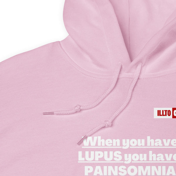 Light Pink Hoodie Detail 1 - ILLTOCHILL 'Lupus Painsomnia' Autoimmune disease lupus awareness gift Unisex Hoodie.