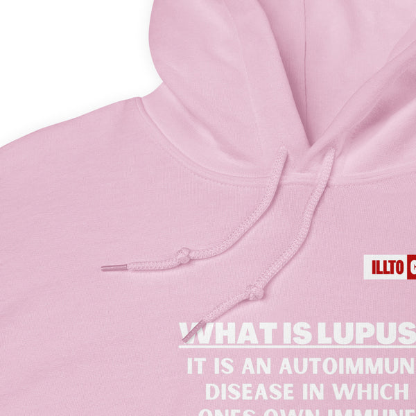 Light Pink Hoodie Detail 1 - ILLTOCHILL Lupus autoimmune disease awareness 'What is lupus' gift Unisex Hoodie.