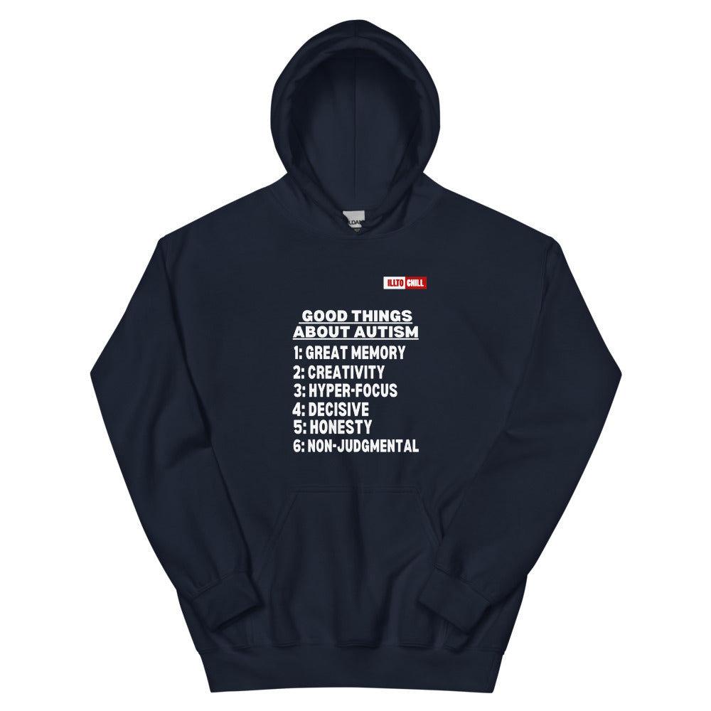 Navy Hoodie Front 1 - ILLTOCHILL Autism awareness 'Good things about autism list' Autistic support gift Unisex Hoodie