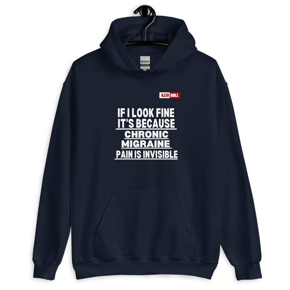 Navy Hoodie Front 2 - ILLTOCHILL Chronic Migraine awareness 'Pain is Invisible' migraine gift Unisex Hoodie.