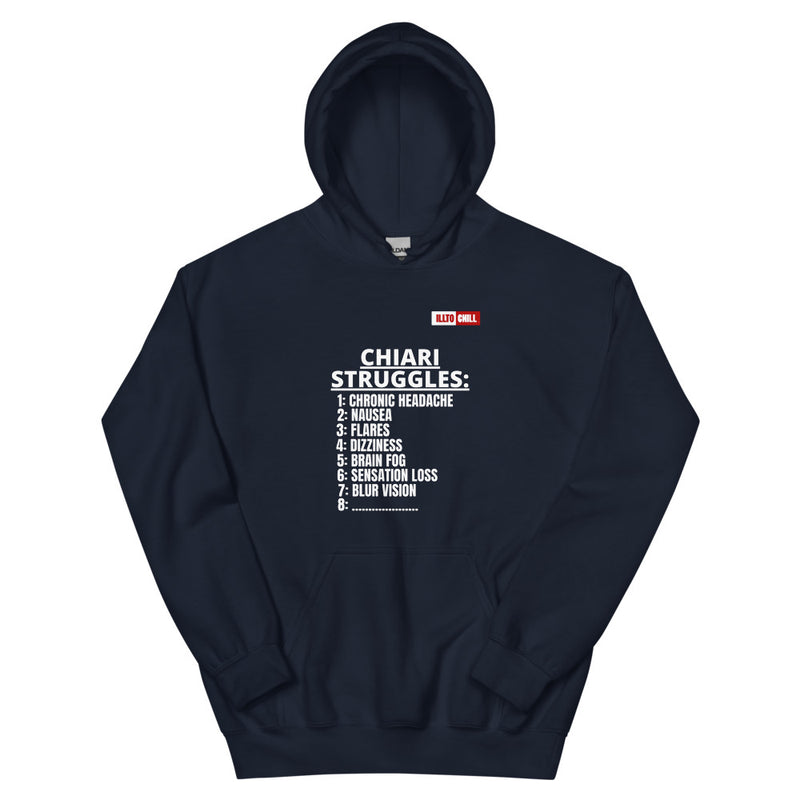 Navy Hoodie Front 1 - ILLTOCHILL CM Chiari Malformation awareness, Chiari Struggles Infinite List gift Unisex Hoodie.