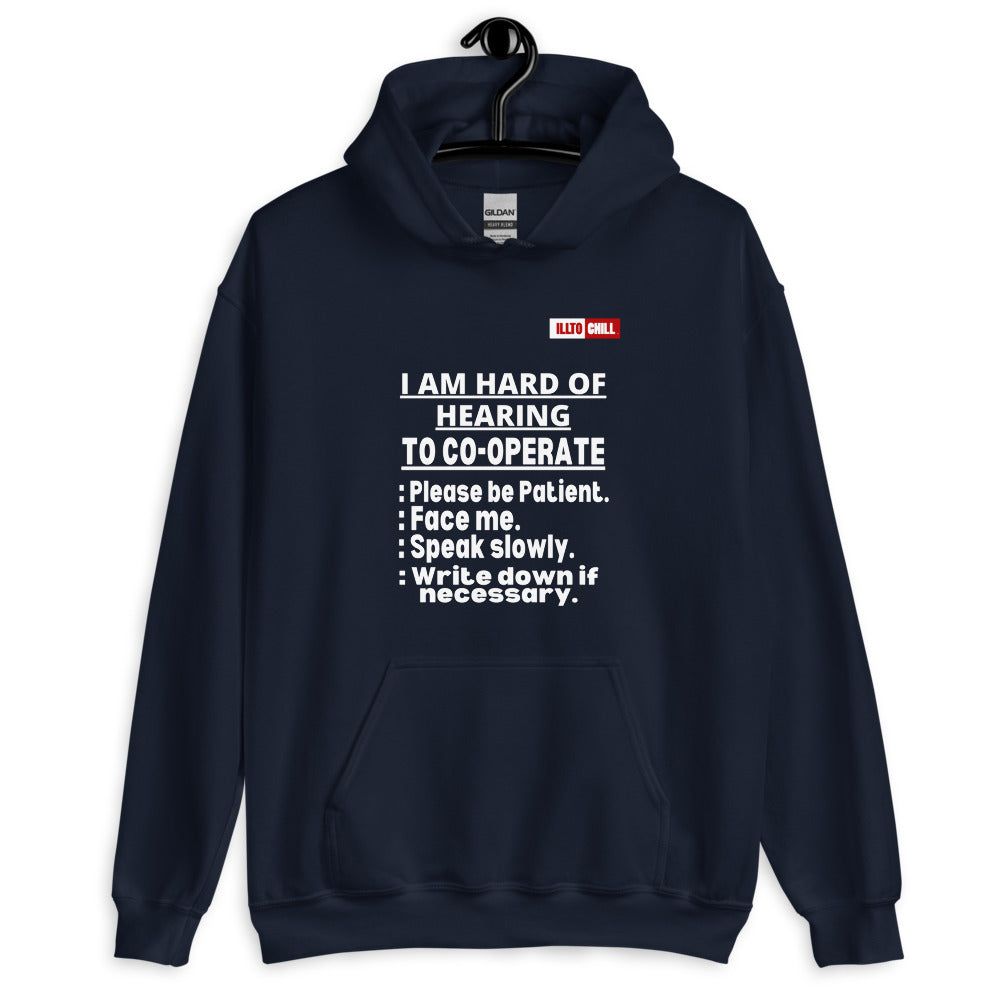 Navy Hoodie Front 2 - ILLTOCHILL Hard of hearing 'Co-opration Steps' hearing impaired gift Unisex Hoodie.
