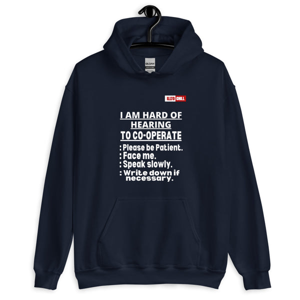 Navy Hoodie Front 2 - ILLTOCHILL Hard of hearing 'Co-opration Steps' hearing impaired gift Unisex Hoodie.