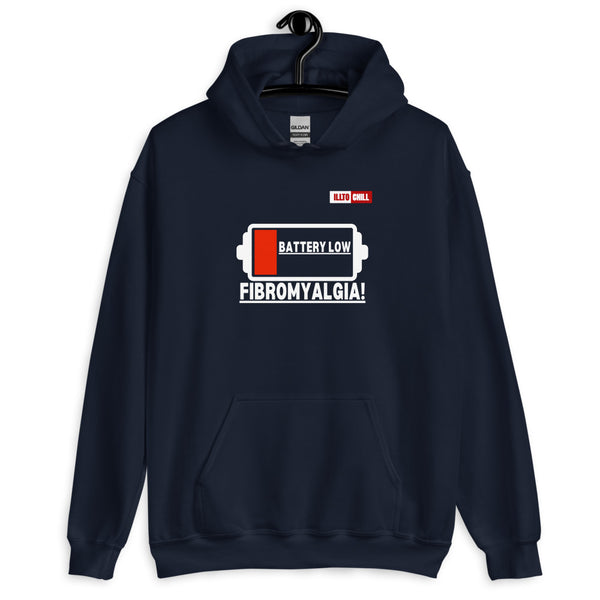 Navy Hoodie Front 2 - ILLTOCHILL Fibromyalgia awareness 'Battery Low' funny fibro gift Unisex Hoodie.