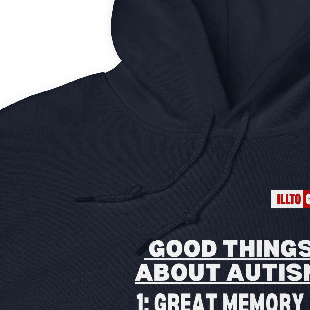 Navy Hoodie Detail 1 - ILLTOCHILL Autism awareness 'Good things about autism list' Autistic support gift Unisex Hoodie