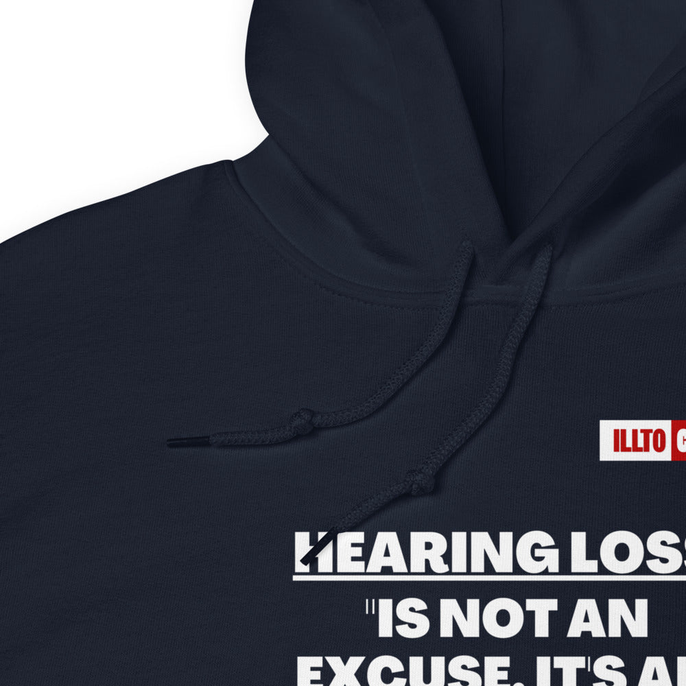 Navy Hoodie Detail 1 - ILLTOCHILL 'Hearing loss is not an excuse' hard of hearing awareness gift Unisex Hoodie.