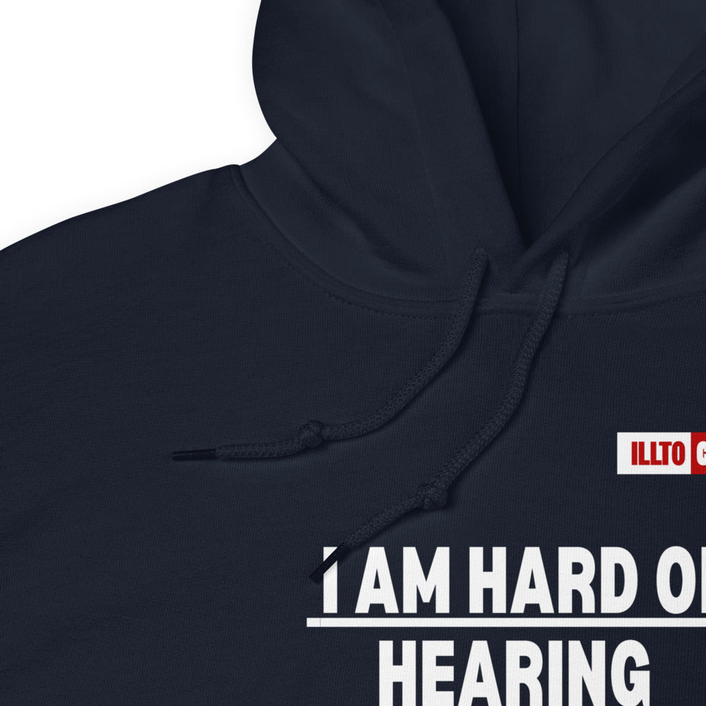 Navy Hoodie Detail 1 - ILLTOCHILL 'Hard of hearing can mute anyone anytime' sarcastic hearing impaired gift Unisex Hoodie.