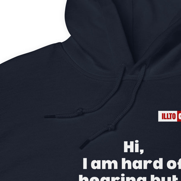 Navy Hoodie Detail 1 - ILLTOCHILL Hard of hearing understanding and support gift hearing impaired awareness Unisex Hoodie.