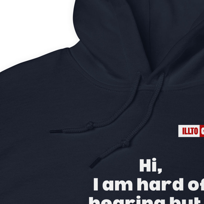 Navy Hoodie Detail 1 - ILLTOCHILL Hard of hearing understanding and support gift hearing impaired awareness Unisex Hoodie.