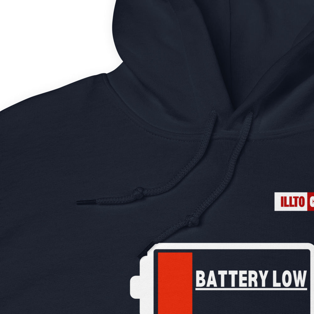 Navy Hoodie Detail 1 - ILLTOCHILL Fibromyalgia awareness 'Battery Low' funny fibro gift Unisex Hoodie.