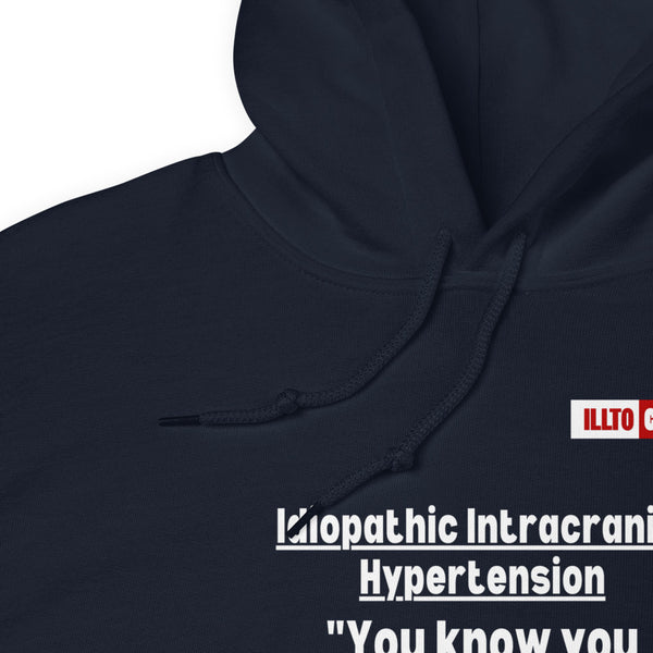 Navy Hoodie Detail 1 - ILLTOCHILL Idiopathic intracranial hypertension feels like 'Heart beating in skull' IIH awareness gift Unisex Hoodie.