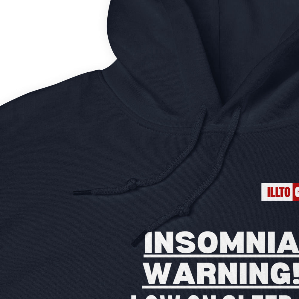 Navy Hoodie Detail 1 - ILLTOCHILL 'Insomnia warning low on sleep' sarcastic insomnia gift Unisex Hoodie.