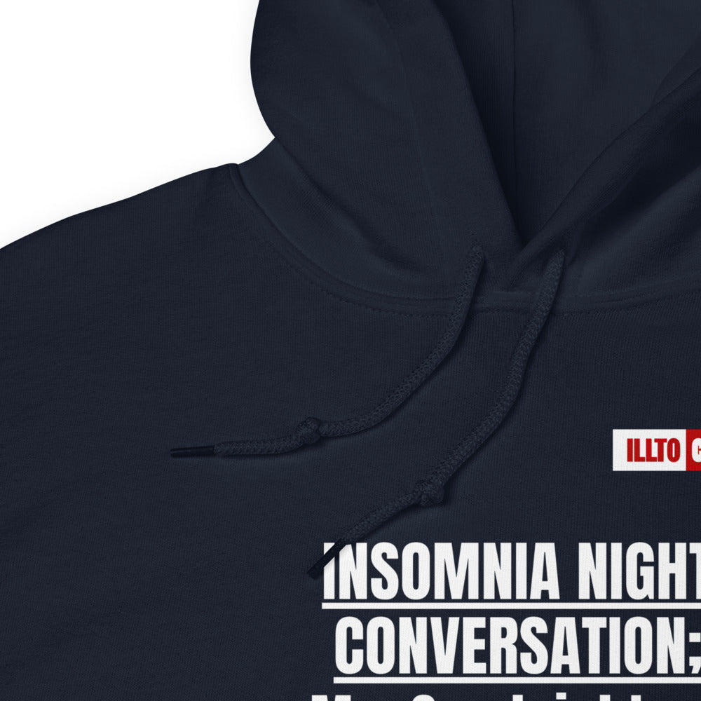 Navy Hoodie Detail 1 - ILLTOCHILL 'Insomnia Night funny conversation' Insomnia awareness gift Unisex Hoodie.