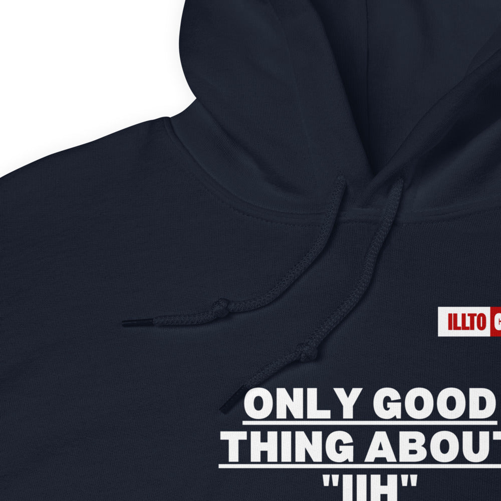 Navy Hoodie Detail 1 - ILLTOCHILL Idiopathic intracranial hypertension awareness 'Only good thing about IIH' gift Unisex Hoodie.