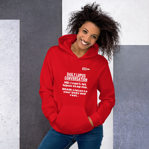 Red Hoodie Front 4 - ILLTOCHILL 'Daily Lupus conversation' autoimmune disease funny lupus awareness gift Unisex Hoodie.