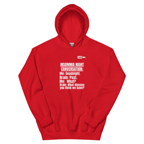 Red Hoodie Front 1 - ILLTOCHILL 'Insomnia Night funny conversation' Insomnia awareness gift Unisex Hoodie.