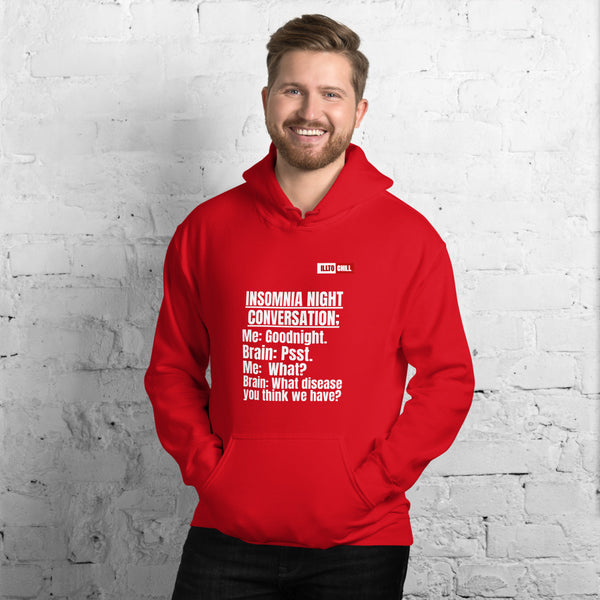 Red Hoodie Front 3 - ILLTOCHILL 'Insomnia Night funny conversation' Insomnia awareness gift Unisex Hoodie.