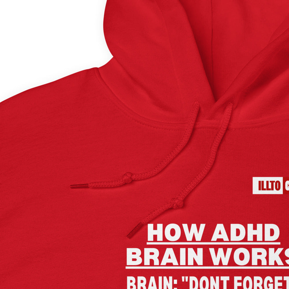Red Hoodie Detail 1 - ILLTOCHILL Attention deficit hyperactivity disorder awareness 'How ADHD brain works' sarcastic gift Unisex Hoodie