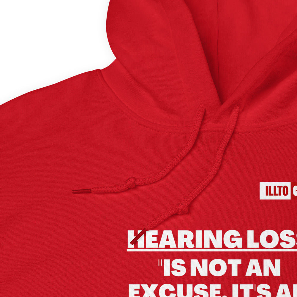 Red Hoodie Detail 1 - ILLTOCHILL 'Hearing loss is not an excuse' hard of hearing awareness gift Unisex Hoodie.