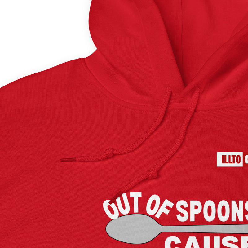 Red Hoodie Detail 1 - ILLTOCHILL Fibromyalgia awareness 'Out of Spoons' funny fibro gift Unisex Hoodie.