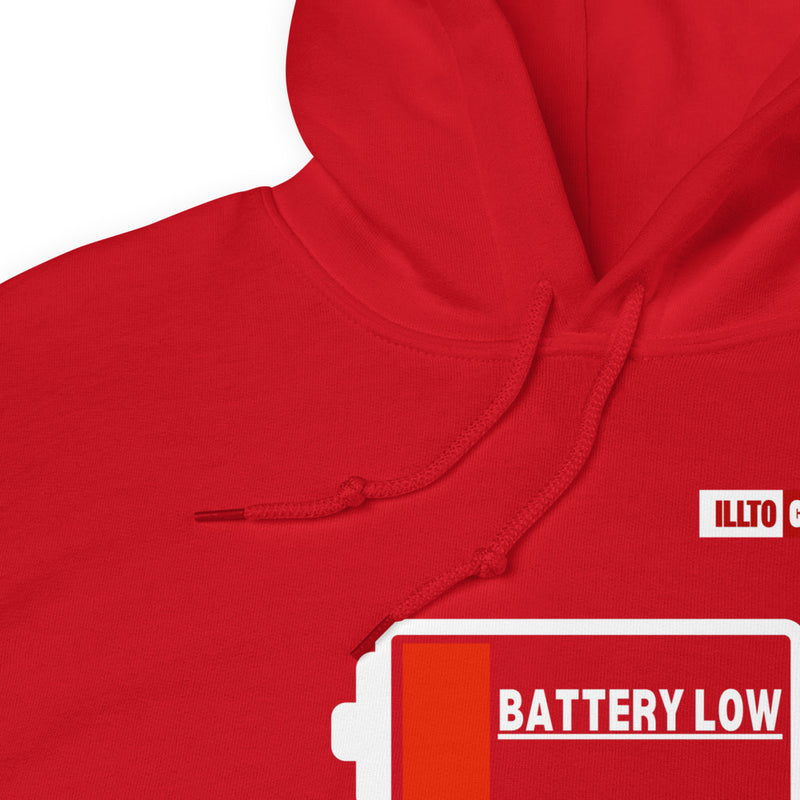 Red Hoodie Detail 1 - ILLTOCHILL Fibromyalgia awareness 'Battery Low' funny fibro gift Unisex Hoodie.