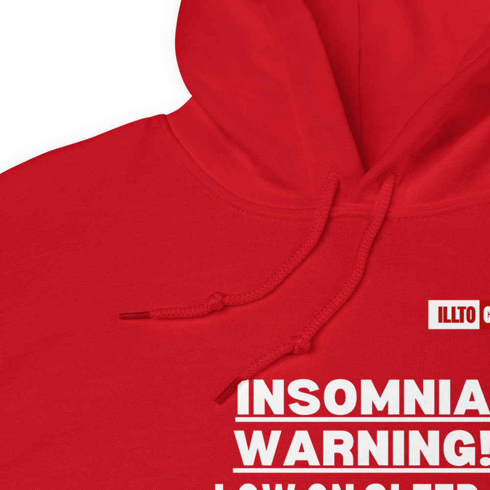 Red Hoodie Detail 1 - ILLTOCHILL 'Insomnia warning low on sleep' sarcastic insomnia gift Unisex Hoodie.