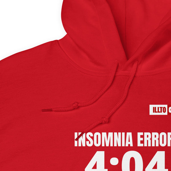Red Hoodie Detail 1 - ILLTOCHILL 'Insomnia Error 404 sleep not found' funny insomnia awareness gift Unisex Hoodie.