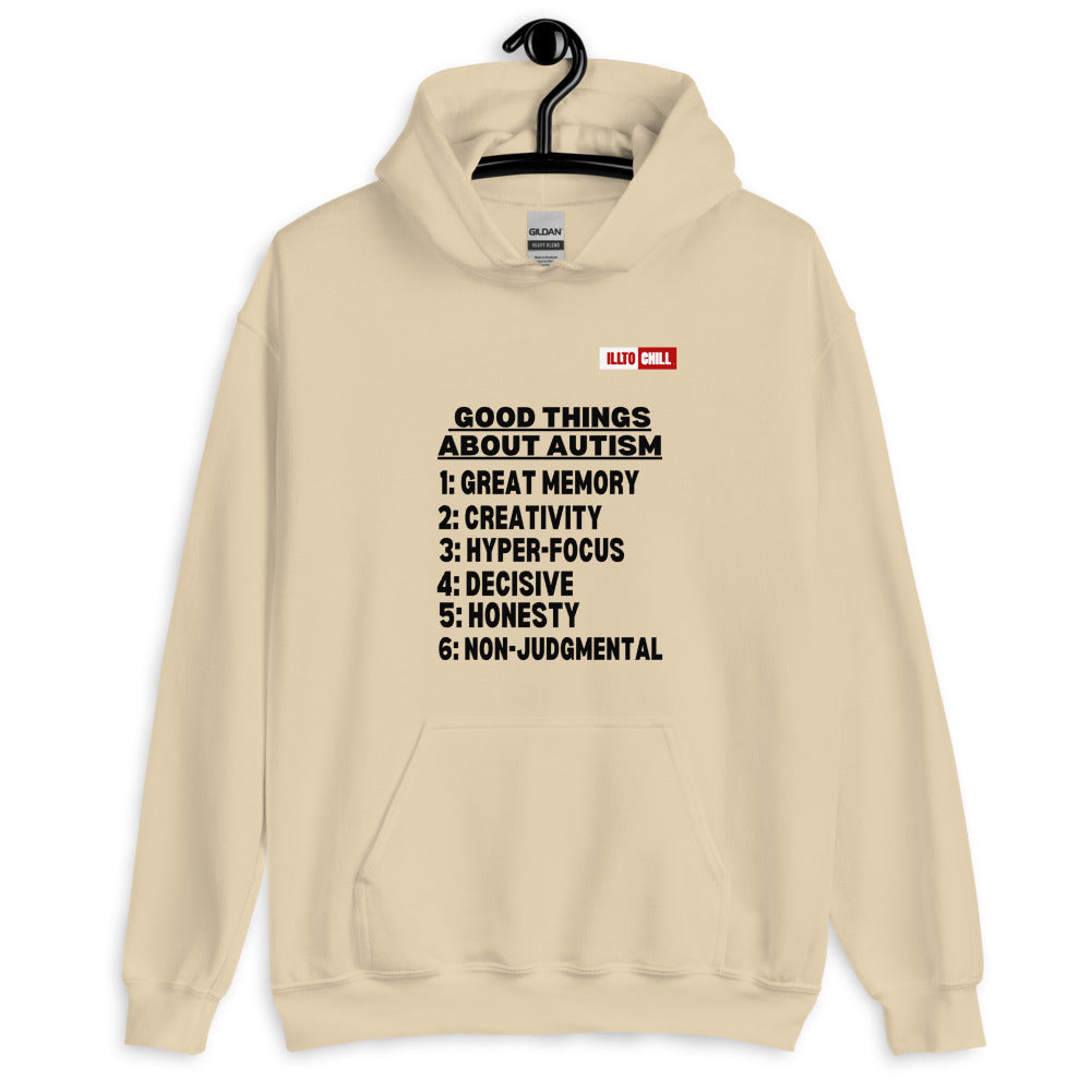 Sand Hoodie Front 2 - ILLTOCHILL Autism awareness 'Good things about autism list' Autistic support gift Unisex Hoodie