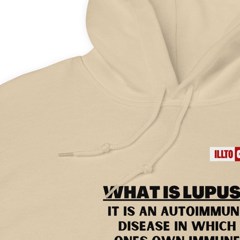 Sand Hoodie Detail 1 - ILLTOCHILL Lupus autoimmune disease awareness 'What is lupus' gift Unisex Hoodie.